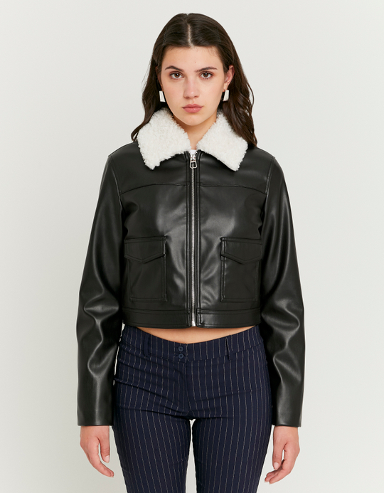 TALLY WEiJL, Giacca Nera con Collo in Pelliccia Sintetica for Women