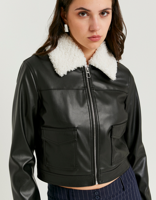 TALLY WEiJL, Giacca Nera con Collo in Pelliccia Sintetica for Women