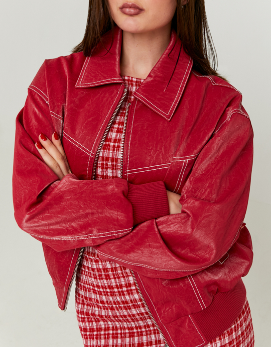 TALLY WEiJL, Oversize Faux Leather Bomber with Crinckle Effect for Women