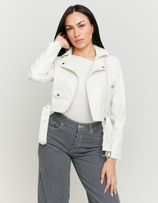 TALLY WEiJL, Off-White Faux Leather Biker Jacket for Women