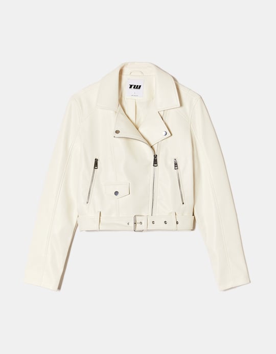 TALLY WEiJL, Off-White Faux Leather Biker Jacket for Women