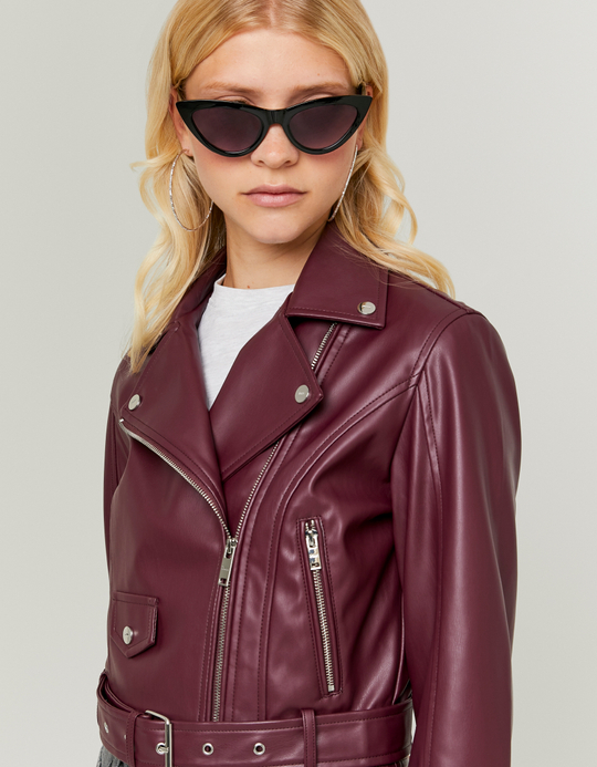 TALLY WEiJL, Burgundy Faux Leather Biker Jacket for Women