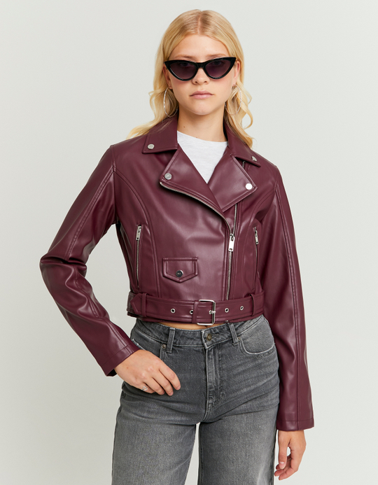 TALLY WEiJL, Burgundy Faux Leather Biker Jacket for Women