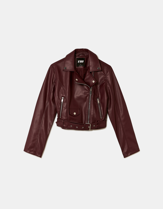 TALLY WEiJL, Burgundy Faux Leather Biker Jacket for Women