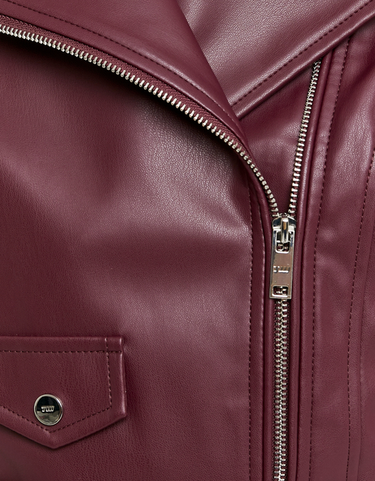 TALLY WEiJL, Burgundy Faux Leather Biker Jacket for Women
