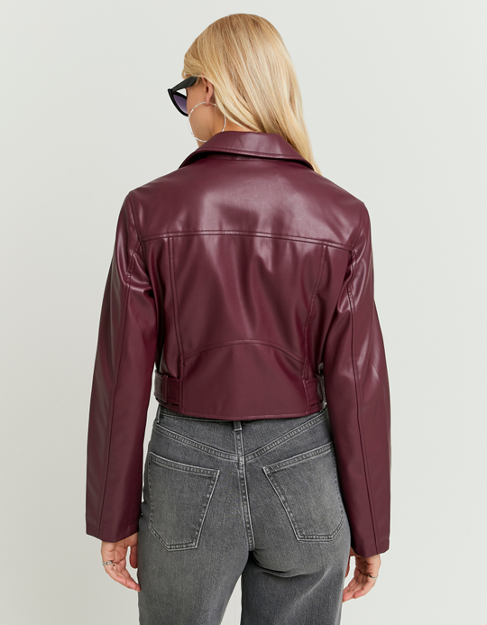 TALLY WEiJL, Burgundy Faux Leather Biker Jacket for Women