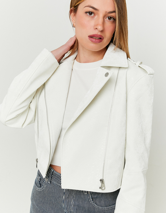 TALLY WEiJL, Giacca Biker in Finta Pelle Bianca con Texture Rettile for Women