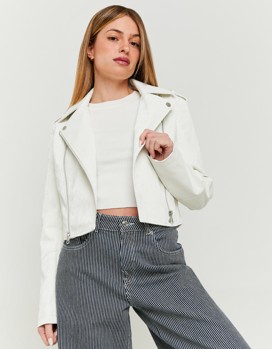 TALLY WEiJL, White Faux Leather Biker Jacket Snake Texture for Women