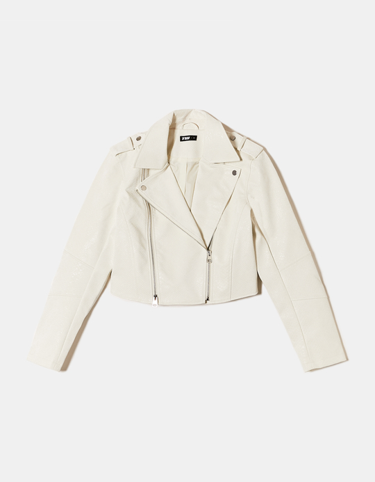 TALLY WEiJL, White Faux Leather Biker Jacket Snake Texture for Women