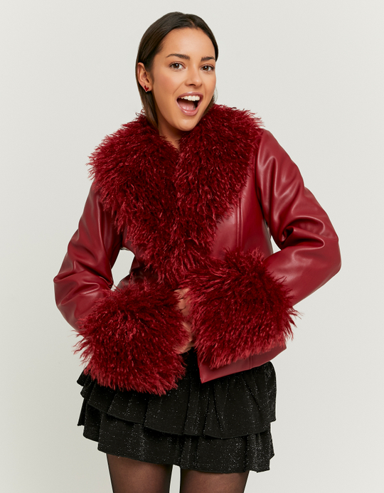 TALLY WEiJL, Red Faux Leather Jacket with Faux Fur for Women