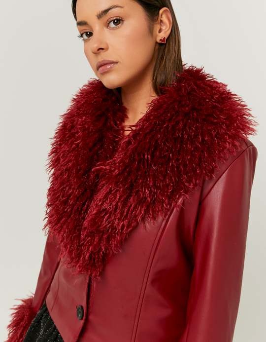 TALLY WEiJL, Red Faux Leather Jacket with Faux Fur for Women