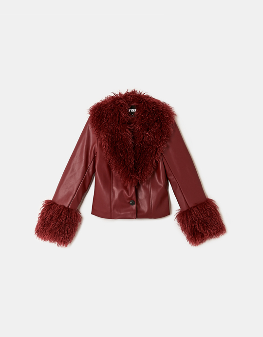 TALLY WEiJL, Red Faux Leather Jacket with Faux Fur for Women