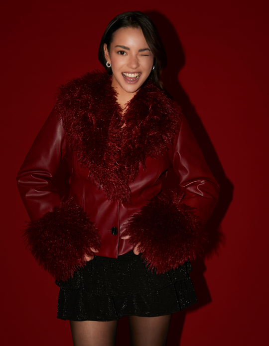 TALLY WEiJL, Red Faux Leather Jacket with Faux Fur for Women
