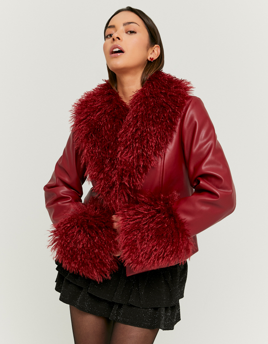 TALLY WEiJL, Red Faux Leather Jacket with Faux Fur for Women