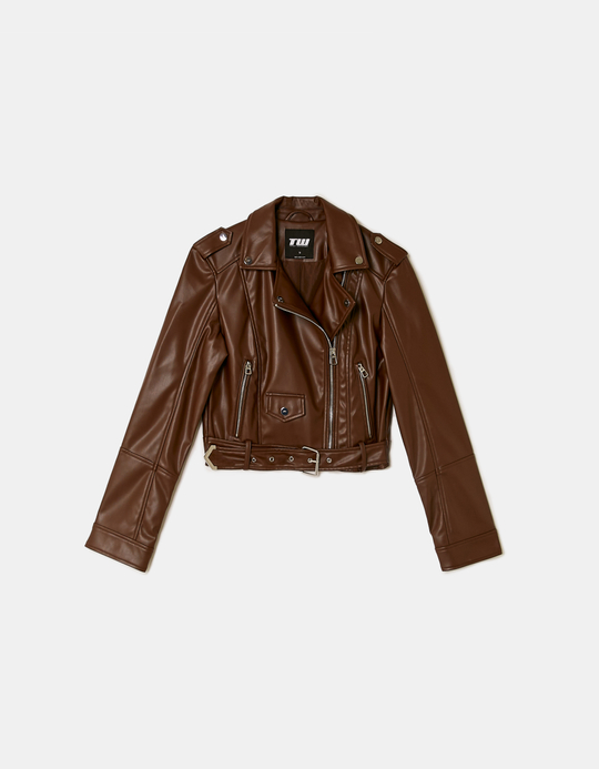 TALLY WEiJL, Brown Faux Leather Biker Jacket for Women