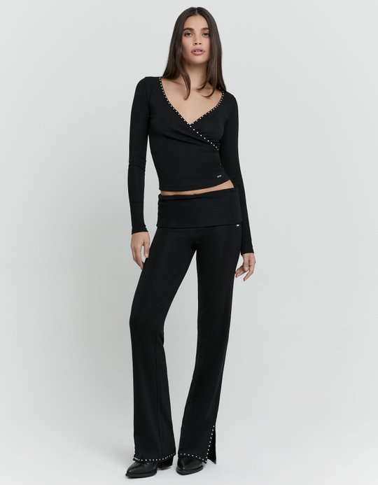 TALLY WEiJL, Black Flare Leggings with Studs for Women
