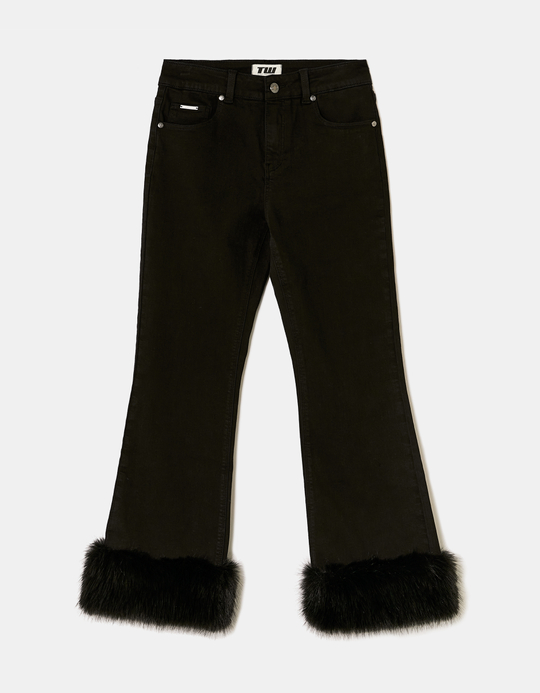 TALLY WEiJL, Jeans Flare Corti Neri a Vita Media con Pelliccia Sintetica for Women