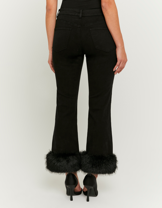 TALLY WEiJL, Jeans Flare Corti Neri a Vita Media con Pelliccia Sintetica for Women