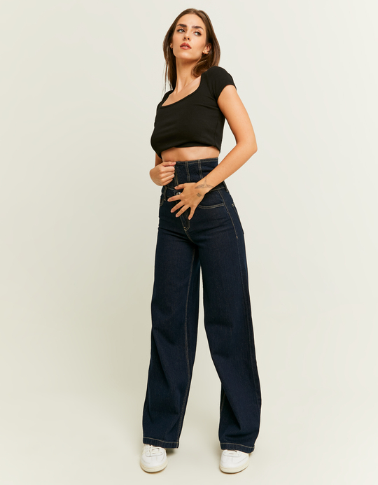 TALLY WEiJL, Dark Wash Wide Leg Jeans with Waistband Detail for Women