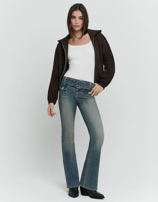 TALLY WEiJL, Blue Acid Wash Bootcut Jeans with Belt for Women