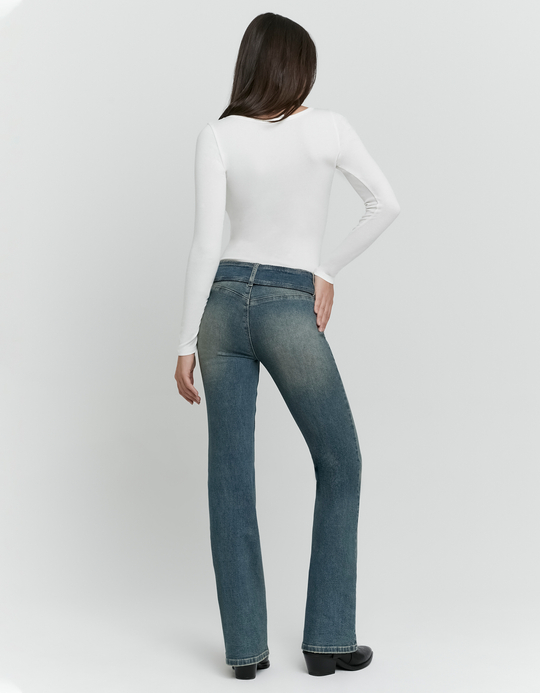 TALLY WEiJL, Blue Acid Wash Bootcut Jeans with Belt for Women