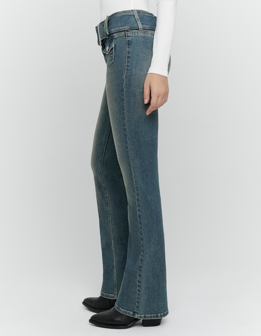 TALLY WEiJL, Blue Acid Wash Bootcut Jeans with Belt for Women