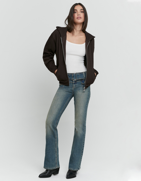TALLY WEiJL, Blue Acid Wash Bootcut Jeans with Belt for Women