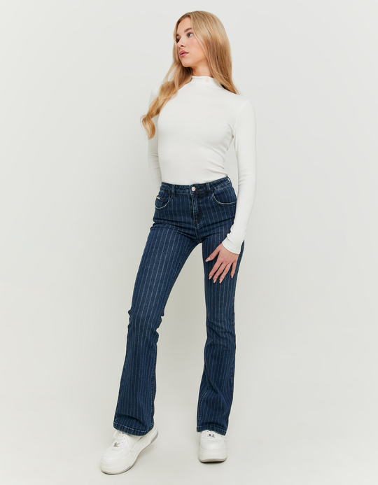TALLY WEiJL, Dunkelblaue Mid Waist Bootcut Jeans mit Pinstripes for Women