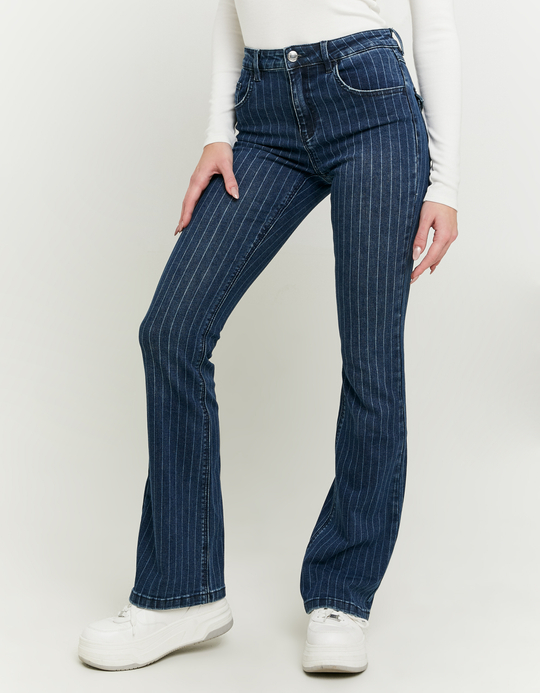 TALLY WEiJL, Dunkelblaue Mid Waist Bootcut Jeans mit Pinstripes for Women