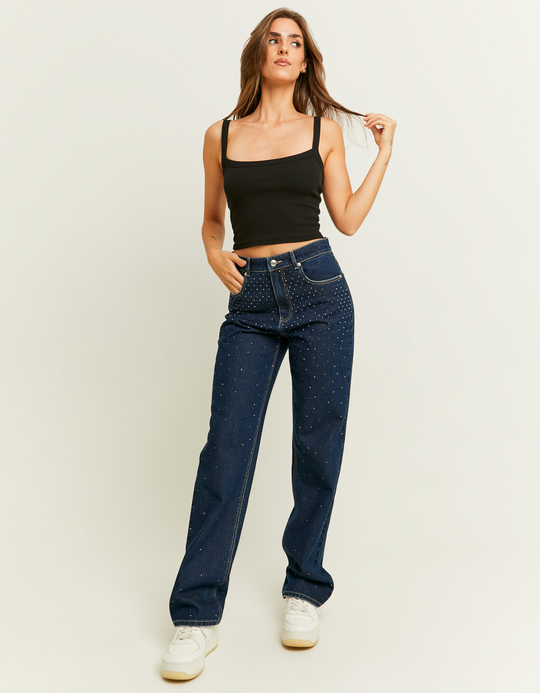 TALLY WEiJL, Dunkelblaue Straight Leg Jeans mit Strass-Details for Women
