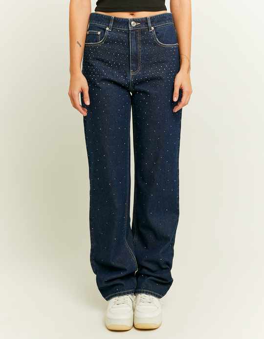 TALLY WEiJL, Dunkelblaue Straight Leg Jeans mit Strass-Details for Women