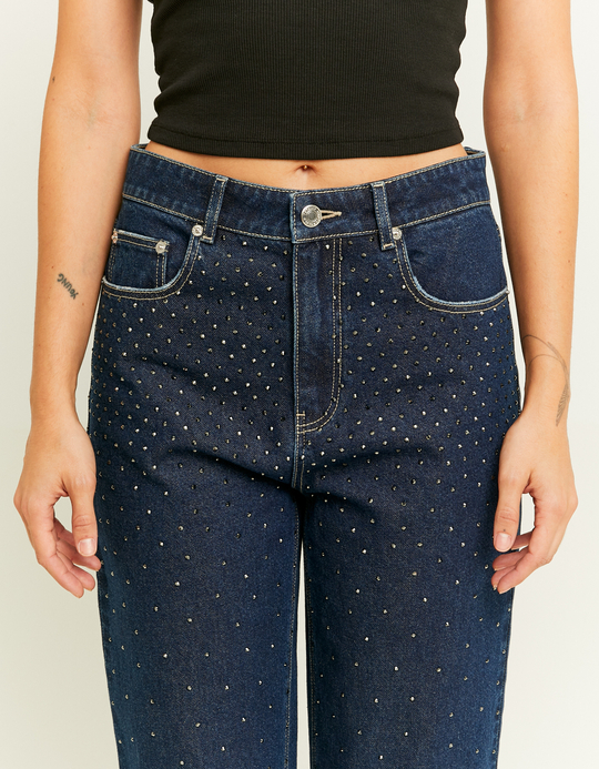 TALLY WEiJL, Dunkelblaue Straight Leg Jeans mit Strass-Details for Women