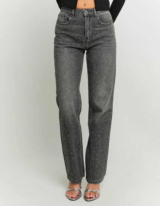 TALLY WEiJL, Jeans Straight Leg Grigi con Strass for Women