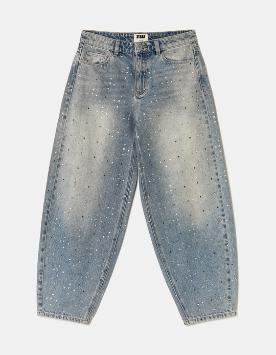 TALLY WEiJL, Blue Barrel Jeans with Rhinestones for Women