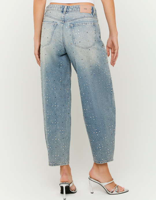 TALLY WEiJL, Blue Barrel Jeans with Rhinestones for Women