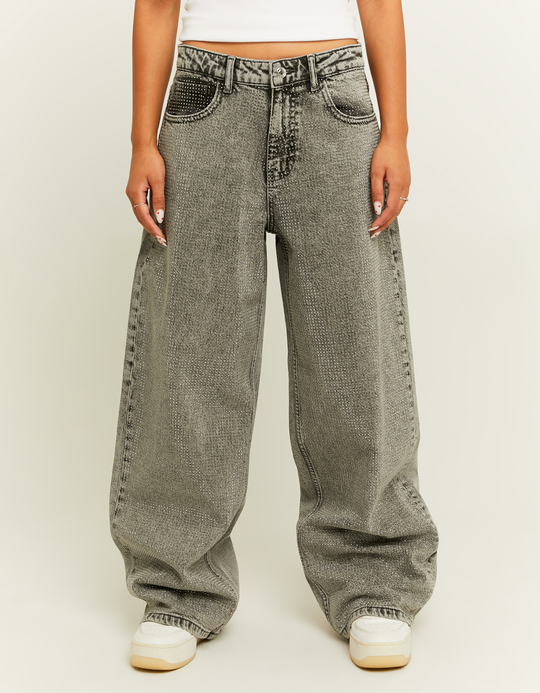 TALLY WEiJL, Grey Baggy Jeans with Strass for Women
