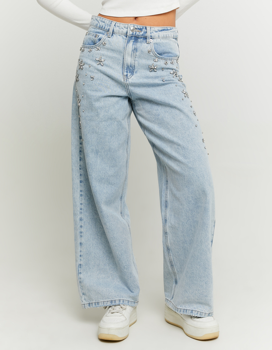 TALLY WEiJL, Jean Baggy Bleu Clair Taille Basse avec Strass for Women