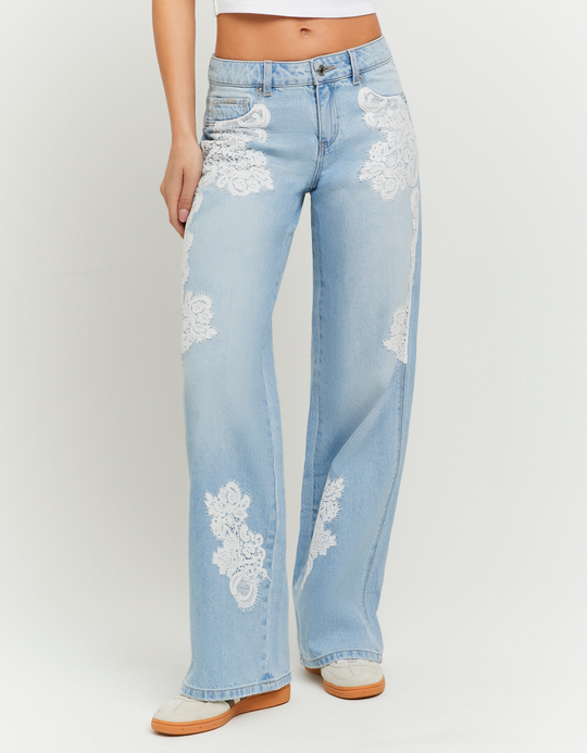 TALLY WEiJL, Blue Low Waist Straight Jeans with Lace for Women