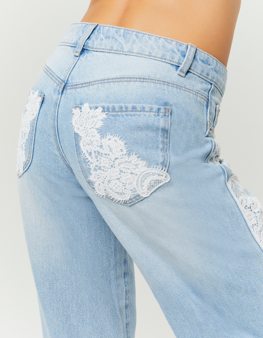TALLY WEiJL, Blue Low Waist Straight Jeans with Lace for Women