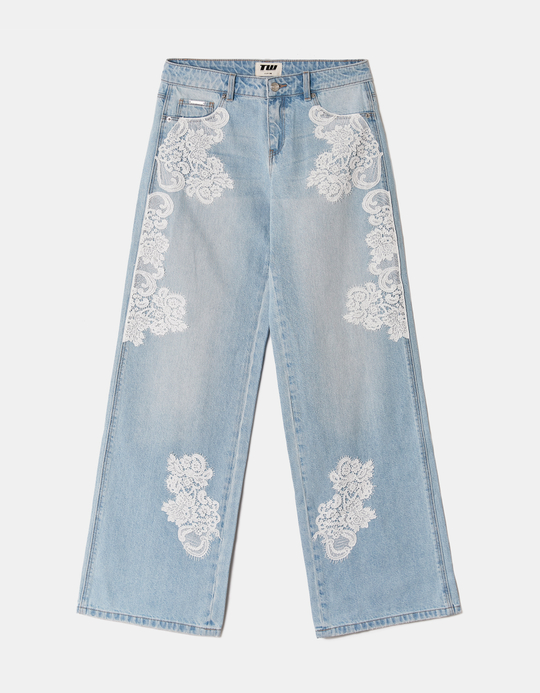 TALLY WEiJL, Blue Low Waist Straight Jeans with Lace for Women