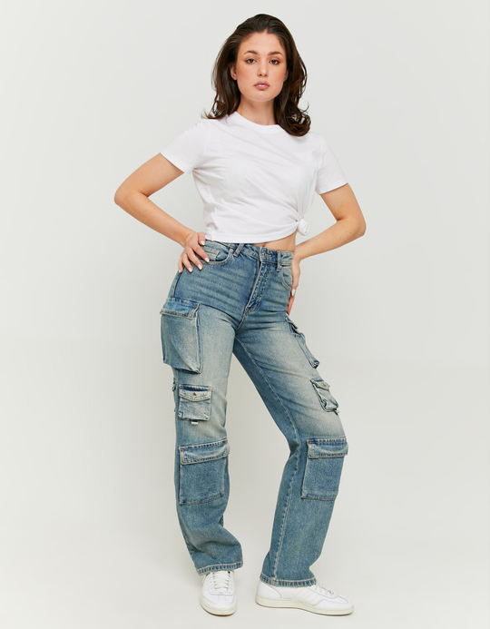 TALLY WEiJL, Blaue Mid Waist Cargo Jeans mit mehreren Taschen for Women