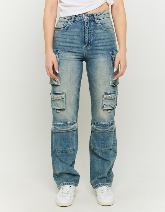 TALLY WEiJL, Blaue Mid Waist Cargo Jeans mit mehreren Taschen for Women
