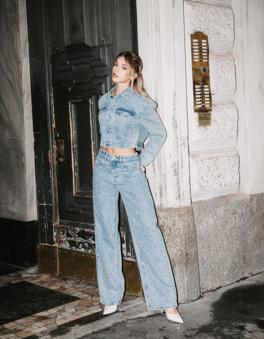 TALLY WEiJL, Jean Baggy Bleu Taille Mi-Haute à Carreaux en Strass for Women