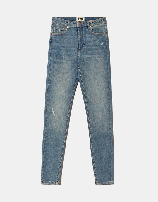 TALLY WEiJL, Blaue Mid-Waist-Skinny-Jeans mit Destroyed-Details for Women