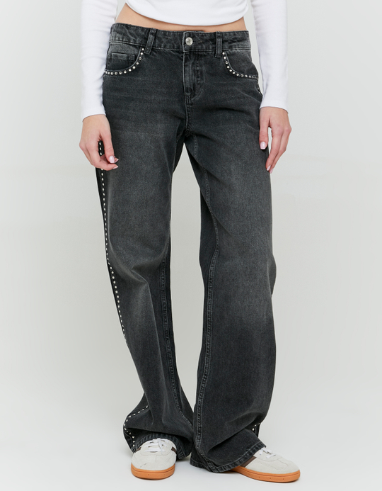 TALLY WEiJL, Grey Straight Jeans with Star Embroidery on the Back for Women