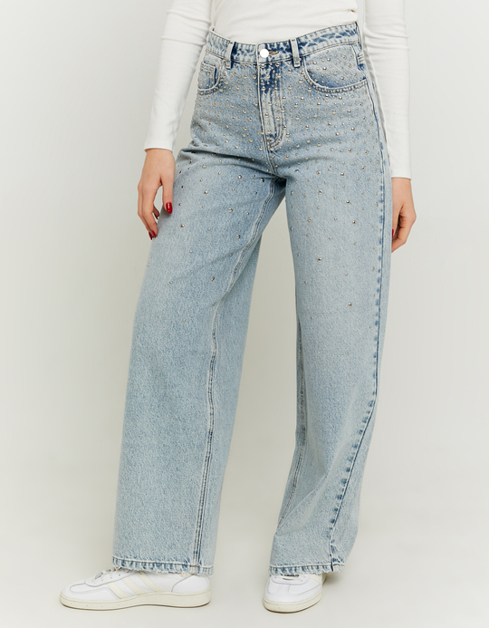 TALLY WEiJL, Jean Baggy Bleu Clair Taille Mi-Haute Clouté for Women
