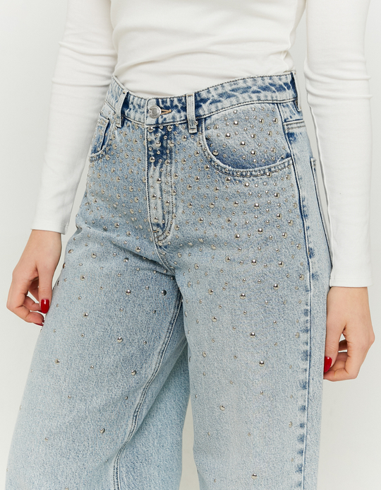 TALLY WEiJL, Jean Baggy Bleu Clair Taille Mi-Haute Clouté for Women