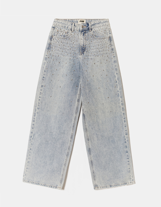 TALLY WEiJL, Jean Baggy Bleu Clair Taille Mi-Haute Clouté for Women