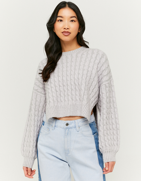 TALLY WEiJL, Grauer Pullover mit lilafarbenen Kabeln for Women