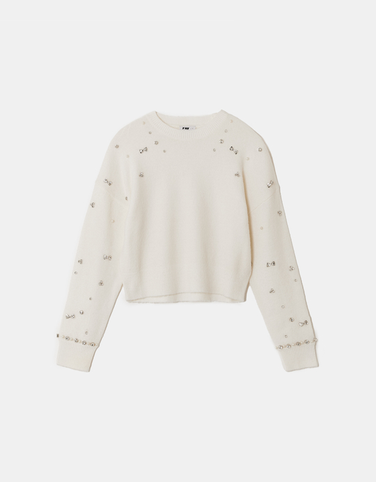 TALLY WEiJL, Weißer Strickpullover mit Strasssteinen for Women